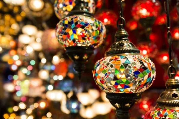 Multiple colorful Turkish lanterns for sale on market streets in Istanbul.